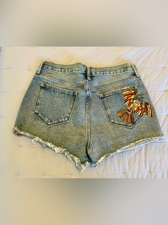 DRIFTWOOD Pants - Driftwood Mid Rise SZ 29 EUC Distressed Denim Shorts w/Embroidered Trim - Blue